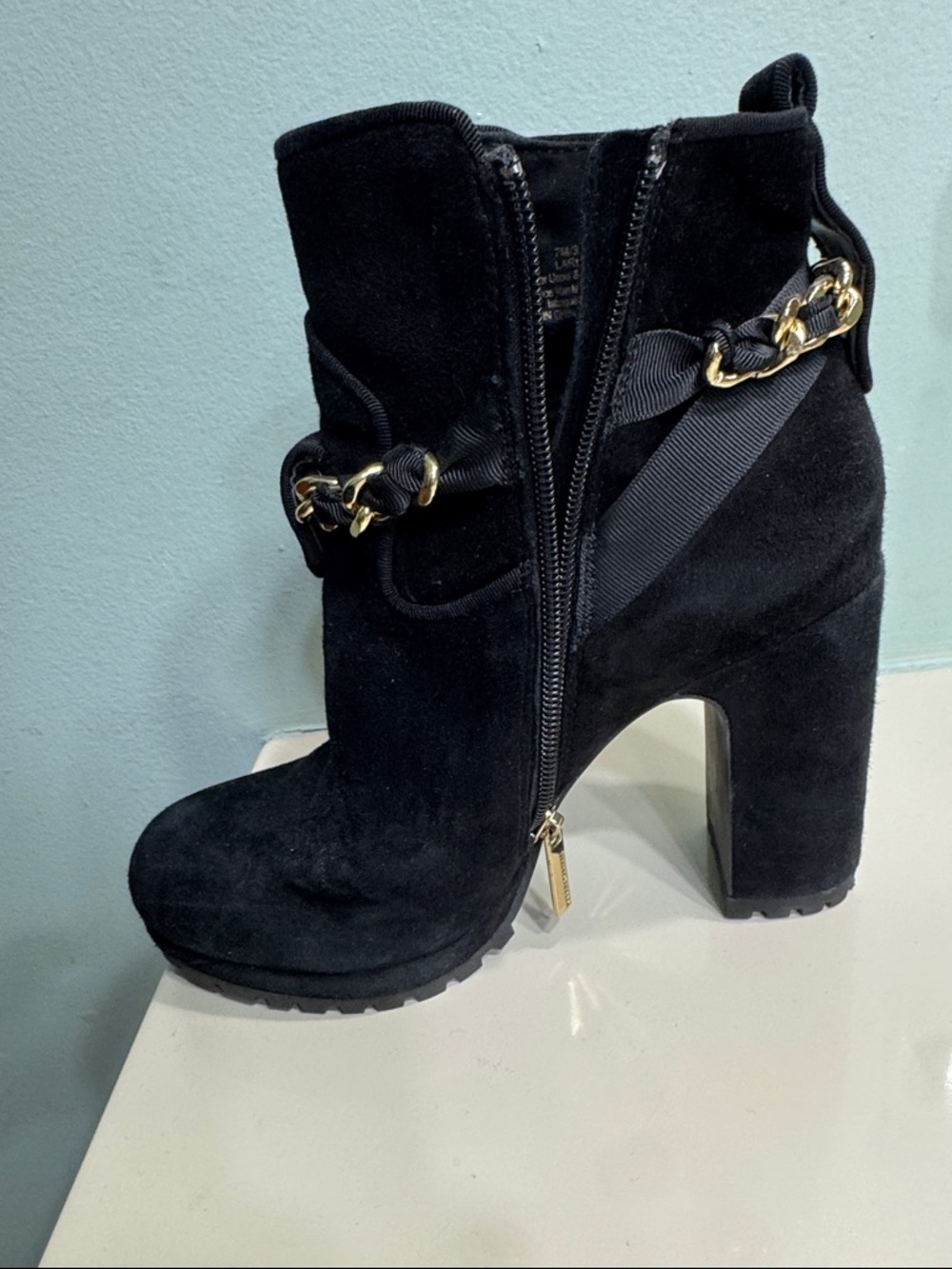 Karl Lagerfeld Black Suede Block Heel Ankle Boots with Gold Chain